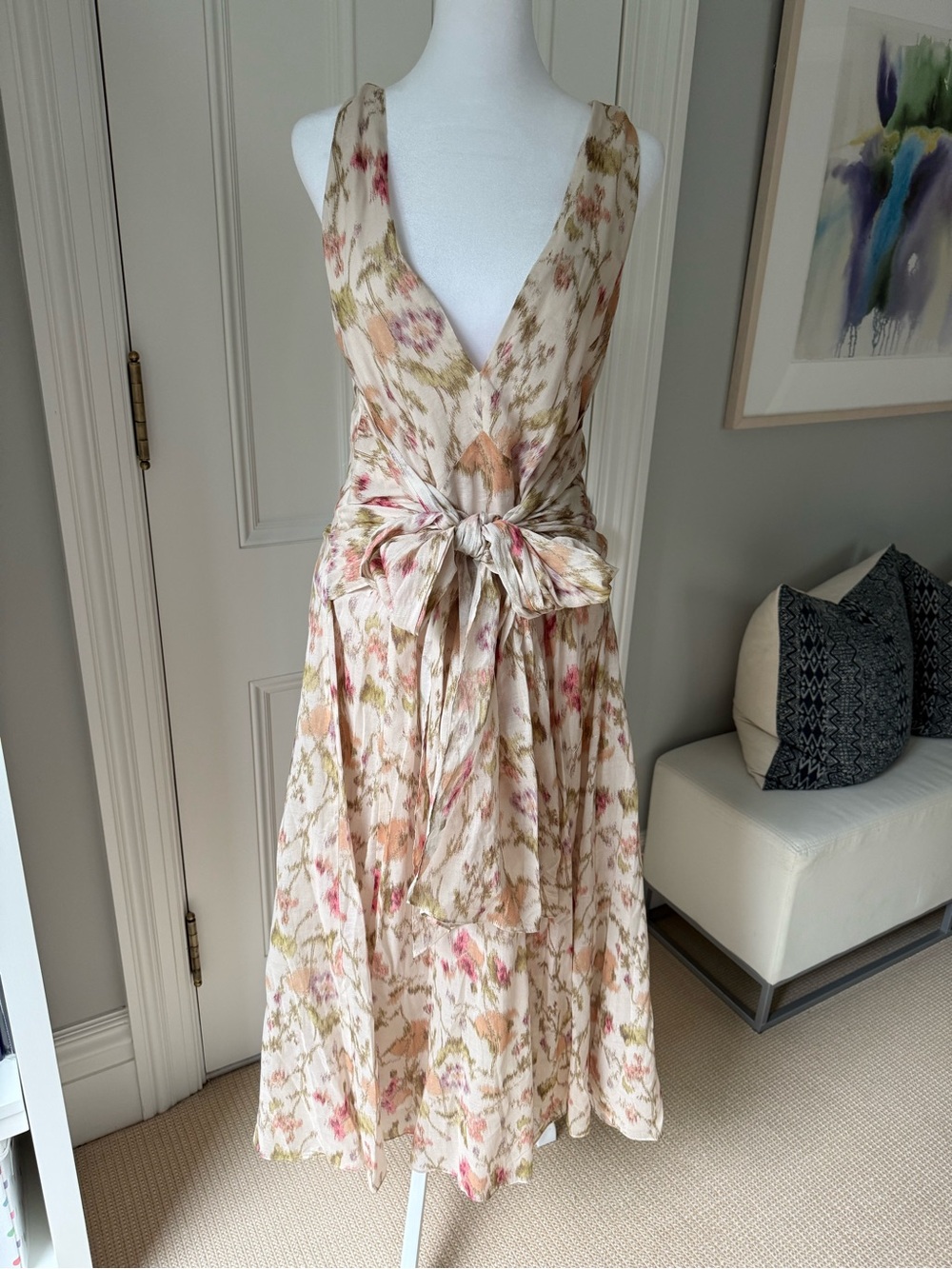 Rebecca Taylor Cream Floral Tie-Waist V-Neck Midi Dress